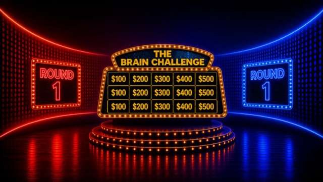 The Brain Challenge game board on screen with round indicators and prize values