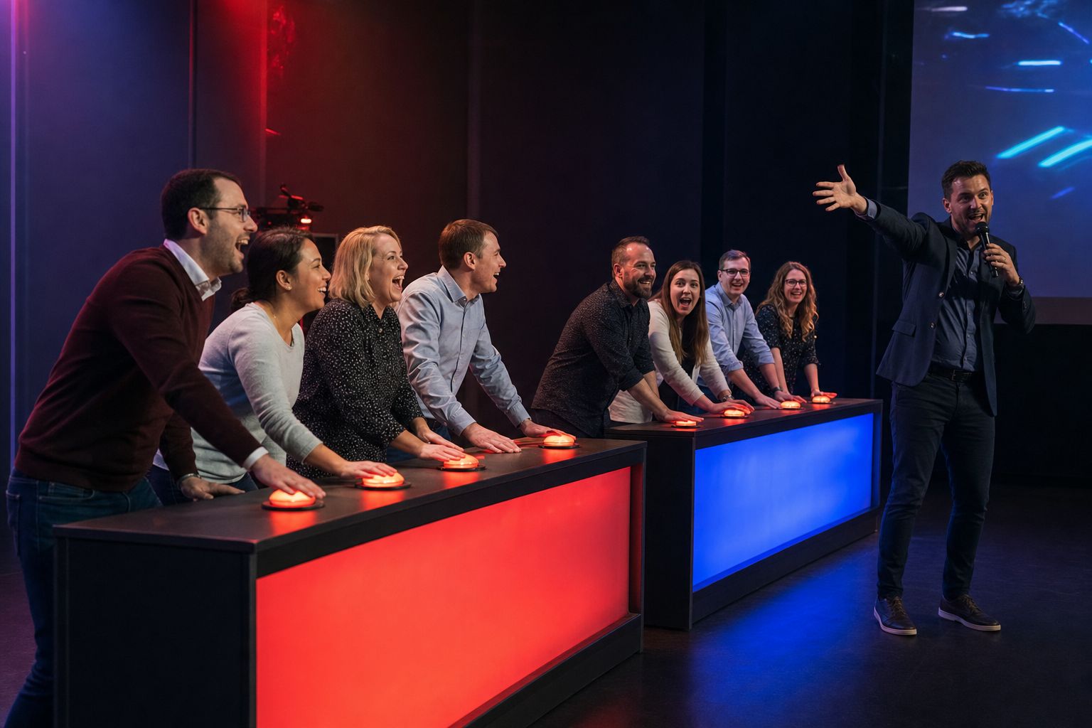 A corporate team slams buzzers at lit podiums while the host reacts